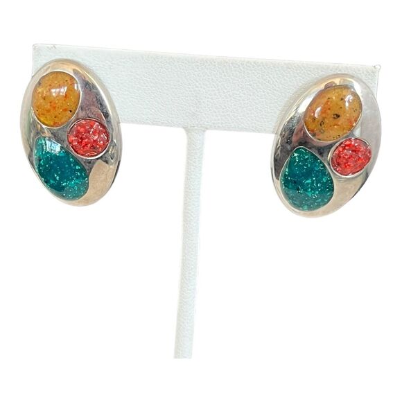 Vintage 1980s Statement Earrings Silver Tone Textured Enamel Pierced - 3G - Picture 4 of 6